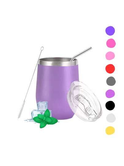 Taza termo 12oz de acero inoxidable con tapa y popote whiskero cafe o te doble pared para bebidas frias o calientes