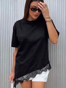Asymmetrical Shirt With Lace, Women's Blouse - 黑色 - 查看 2