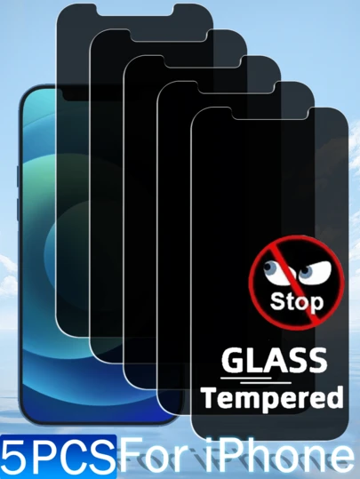 5 piezas de protector de pantalla de vidrio templado con privacidad compatible con iPhone 17, 16, 15, 14, 13, 12, 11 Pro Max, 17e, 16e, XR, XS Max, SE2, SE3, 8, 7, 6 Plus, compatible con Face ID, funciona con fundas de teléfono, antihuellas, sin burbujas