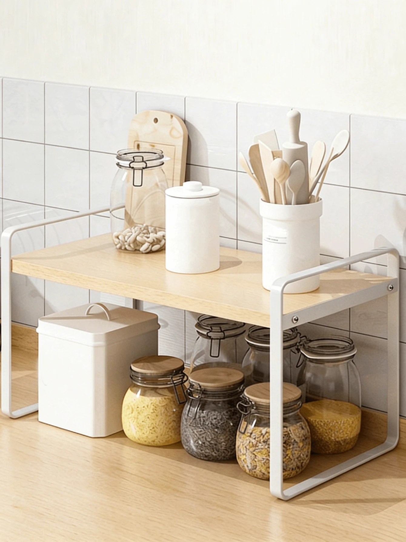 Multi-Tier Iron Storage Rack, Desktop Organizer Shelf, Small Office Desk Bookshelf, Display Rack, Desktop Storage Box, Bedroom Dorm Room Decor, Kitchen Countertop, Vanity Makeup, Desktop Organizer, Stainless Steel Multi-Function Household Spice Rack - White - View 1