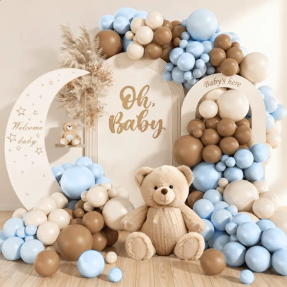 126pcs Gray Blue And Brown Latex Balloon Wreath Arch Kit, Cartoon Bear Baptism Decoration Bohemian Style Blue Brown Balloons, Used For Gender Revealing And Birthday Parties, Forest Parties, Weddings, Home Decor And Outgoing Decor.