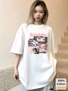 卡通图案短袖中长款T恤，时尚休闲女式上衣，白色夏季款 - 白色 - 查看 1