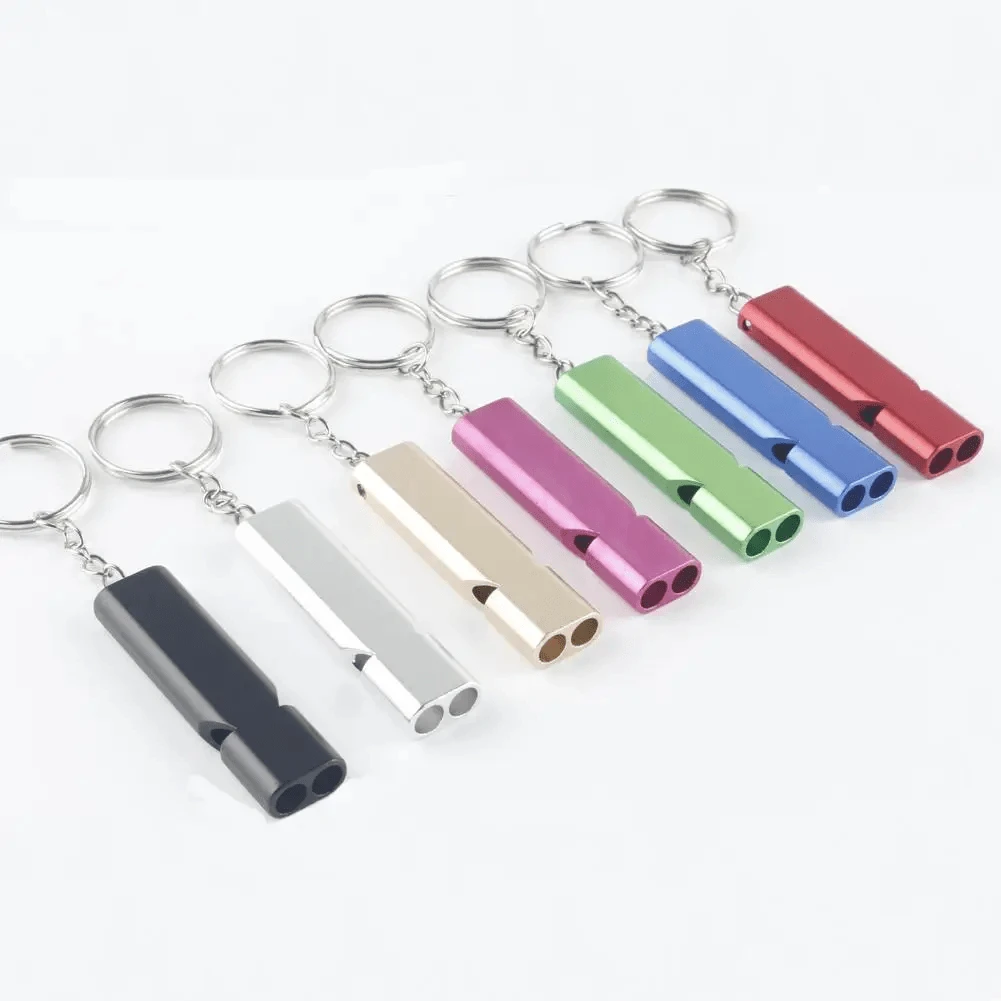 Multifunctional Aluminum Alloy High Decibel Emergency Whistle With Compass, Outdoor Camping Survival Whistle Keychain, Random Color Double Barrel Whistle Pendant Keychain, Outdoor Survival Emergency Whistle High Decibel Camping Tool
