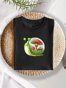Cute Snail And Mushroom Graphic Boys Cotton Printed TShirt  Soft Breathable Summer Tee For Outdoor Play, School, Or Casual Wear  Fun Gift For Energetic Young Boys - màu đen - Xem 3