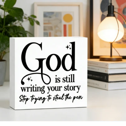 Đồ trang trí bàn Simple Faith bằng nhựa PVC, "Chúa đang viết nên câu chuyện của bạn", vật trang trí bàn làm việc mang năng lượng tích cực và món quà khích lệ tinh thần.