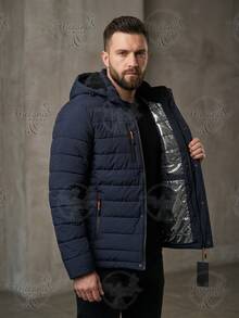 Men's Lined Thermal Jacket/Bobby Jacket, Nylon, With Removable Hood - 藏蓝色 - 查看 1