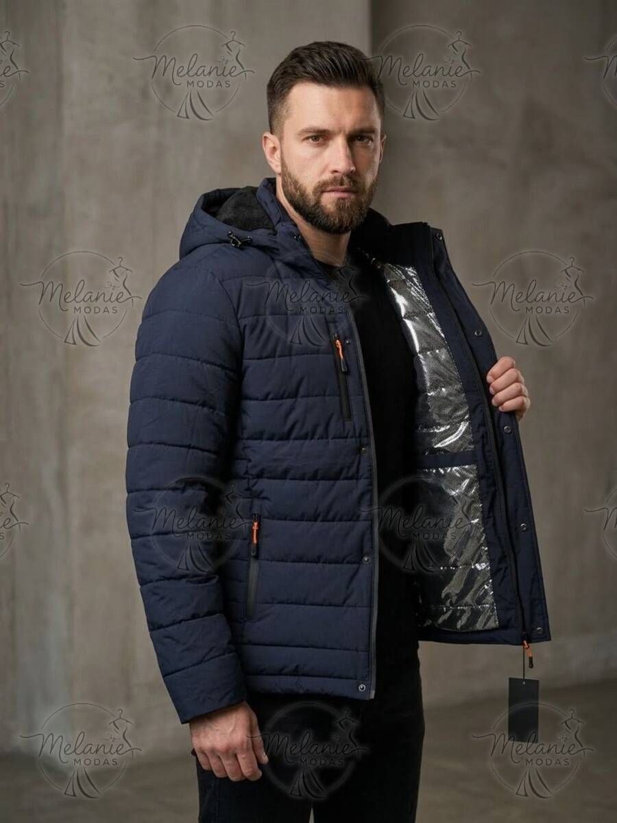 Men's Lined Thermal Jacket/Bobby Jacket, Nylon, With Removable Hood - 藏蓝色 - 查看 1