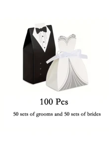 100pcs Wedding Dress & Tailcoat Theme Candy Box With Ribbon, Popular For Bridal Shower, Wedding Reception,Christmas - Black and White - View 11
