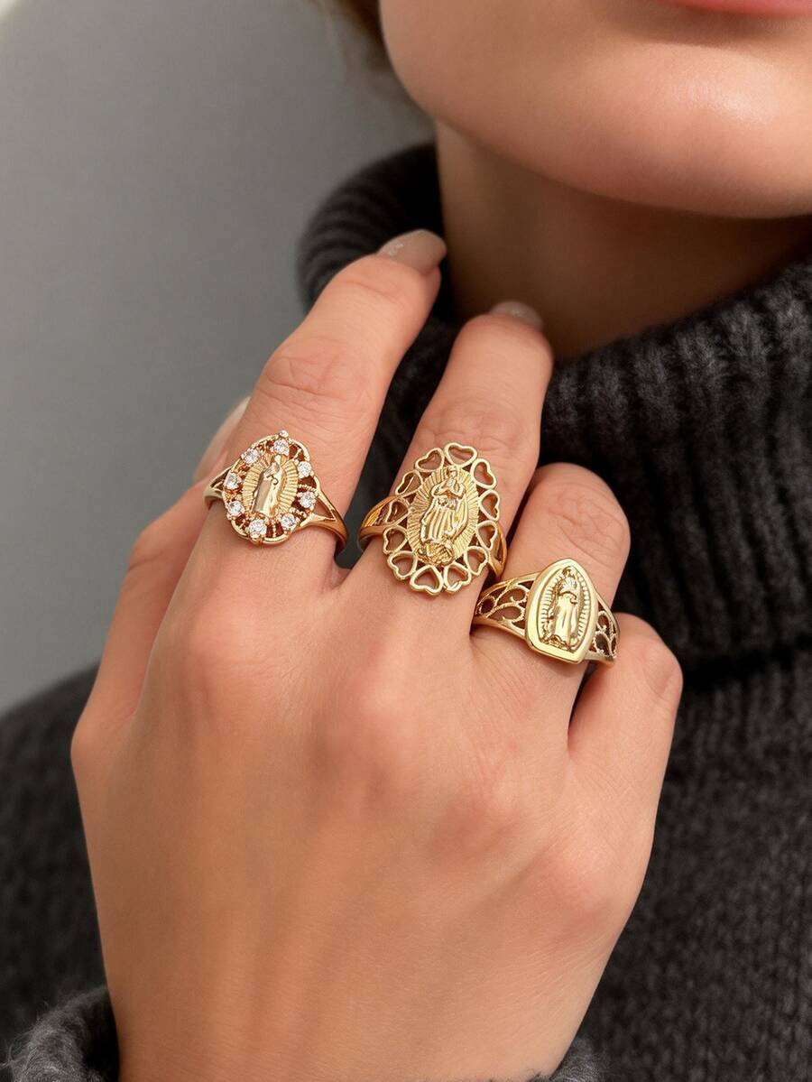 3pcs Vintage Cubic Zirconia Virgin Mary Ring Set, Suitable For Women's Daily, Party, Religious Events, Catholic Religious Gift - Yellow Gold - View 1