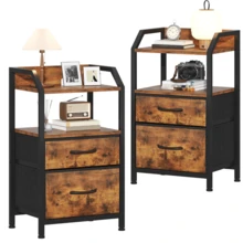 Compact 2-Drawer Fabric Bedside Table With Open Shelf | Metal Frame & Wooden Top, Space-Saving Nightstand For Bedroom/Living Room, Modern Sofa End Table With Storage - Rust Brown - View 8