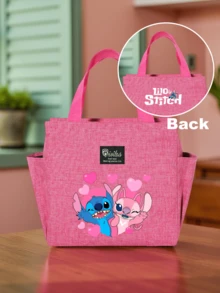 Disney 1个史迪奇卡通印花保温午餐包，轻便可重复使用防漏便当袋，带前袋和耐用拉链，适合学校、办公室等场所，可保持食物新鲜，方便携带。 - 彩色 - 查看 10