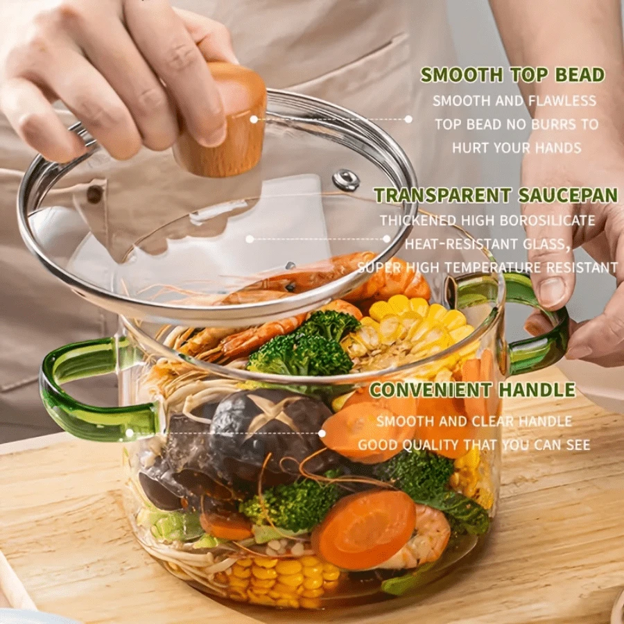 Glass Cooking Pot 1.6L/54oz Glass Saucepan Heat-Resistant Borosilicate Glass Handmade Cookware Set Stovetop Pot - For Pasta Noodle, Soup, Milk (1600ml - Yellow Handle With Wooden Bead Lid)Avoid Alternating Between Hot And Cold Water When Washing