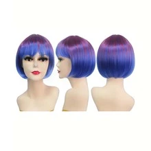 Cyberpunk Bob Wig & Glasses Set - 20+ Neon Colors With Adjustable Fringe | Multi-Tone Synthetic Hair For Cosplay, Rave, Halloween & Daily Bold Fashion (Hot Red/Lime Green/Orange/Light Pink/Plum Purple/Neon Blue/Neon Lilac/Golden Blonde/Black) - 藏蓝色 - 查看 3