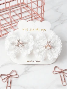 2件套新款奢华珍珠发夹套装，飘逸蕾丝蝴蝶结刘海夹，优雅发饰 - 白色 - 查看 4