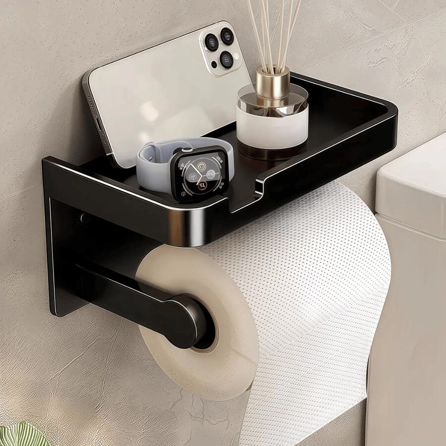 Suporte Porta Papel Higiênico com Suporte para Celular Fixação Sem Furo Com Adesivo