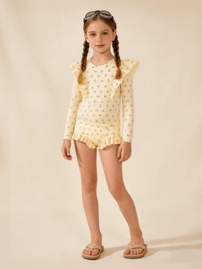  Mini Bala Girls' Swimsuit, High Elasticity Lotus Ruffle Bikini Set, UPF50+