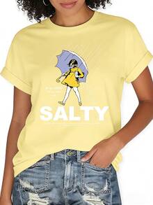 1pcsWomen's Loose-Fitting Short-Sleeved T-Shirt With Fun Text Print.Made Of 100% Pure Cotton, It's Gentle On The Skin.A Simple Street Style T-Shirt Perfect For Summer Commuting Or Casual Dates. - 黃色 - 查看 5