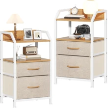 Compact 2-Drawer Fabric Bedside Table With Open Shelf | Metal Frame & Wooden Top, Space-Saving Nightstand For Bedroom/Living Room, Modern Sofa End Table With Storage - Khaki - View 8