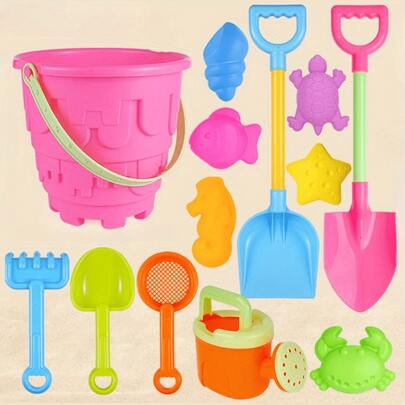 9/13pcs Kids Beach Toys Sand Bucket Set, Beach Travel Sand Castle Toys, Including Round Castle Bucket, Castle Molds, Large Shovel, Random Colors
