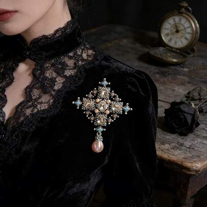 1 chiếc ghim cài áo cổ điển sáng bóng, ghim cài áo hình thánh giá kiểu Baroque, phù hợp để phối với vest/quần áo, quà tặng trang sức cho nữ.
