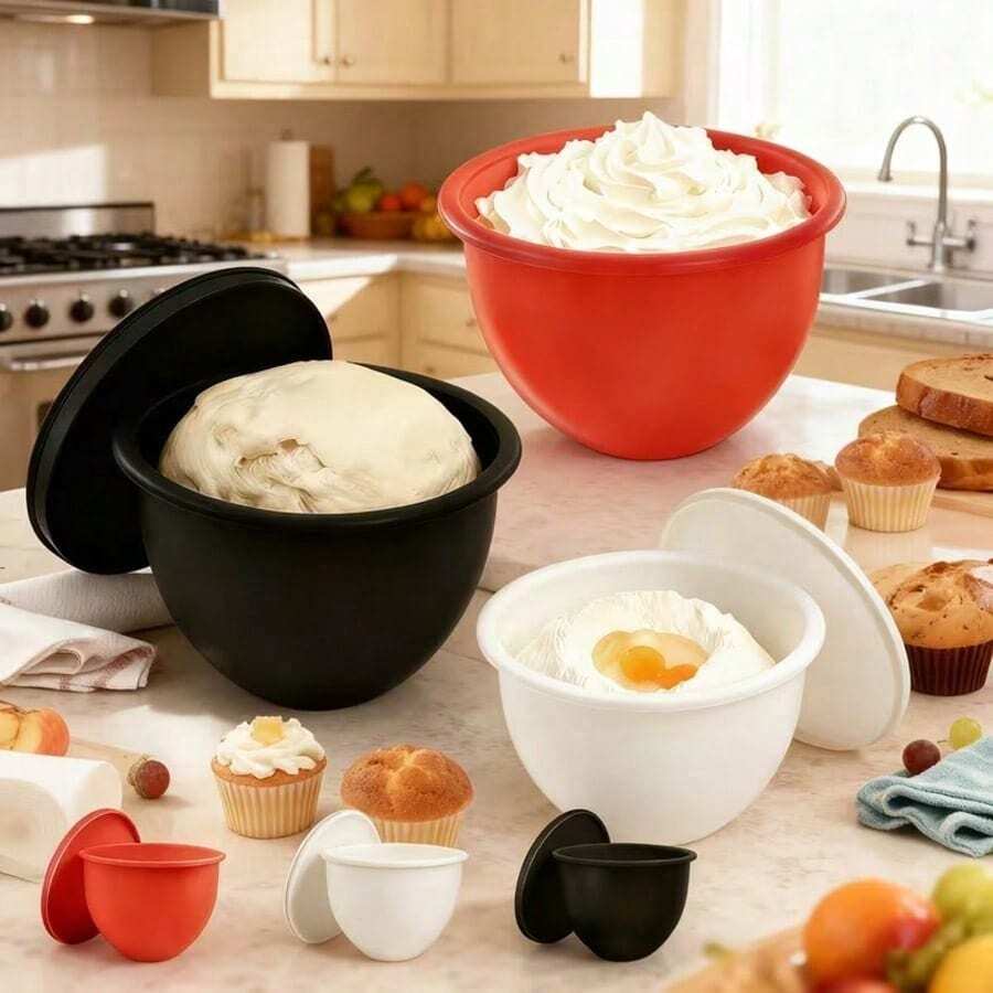 Máy trộn đa năng 9 inch bằng silicon nhiều màu sắc với vòng đệm silicon, tô trộn bột, tô trộn trứng tích hợp có nắp đậy.