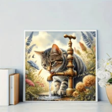 1件装新款猫咪饮水主题钻石画套装，5D圆形水晶钻石马赛克DIY工艺品，适合制作手工礼物，装饰客厅、卧室、圣诞节、复活节、情人节、宰牲节、父亲节、母亲节、婚礼等场合，不含画框 - 查看 9
