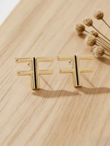 1 par de pendientes de aro con patrón retro de moda - Letras doradas - Ver 3