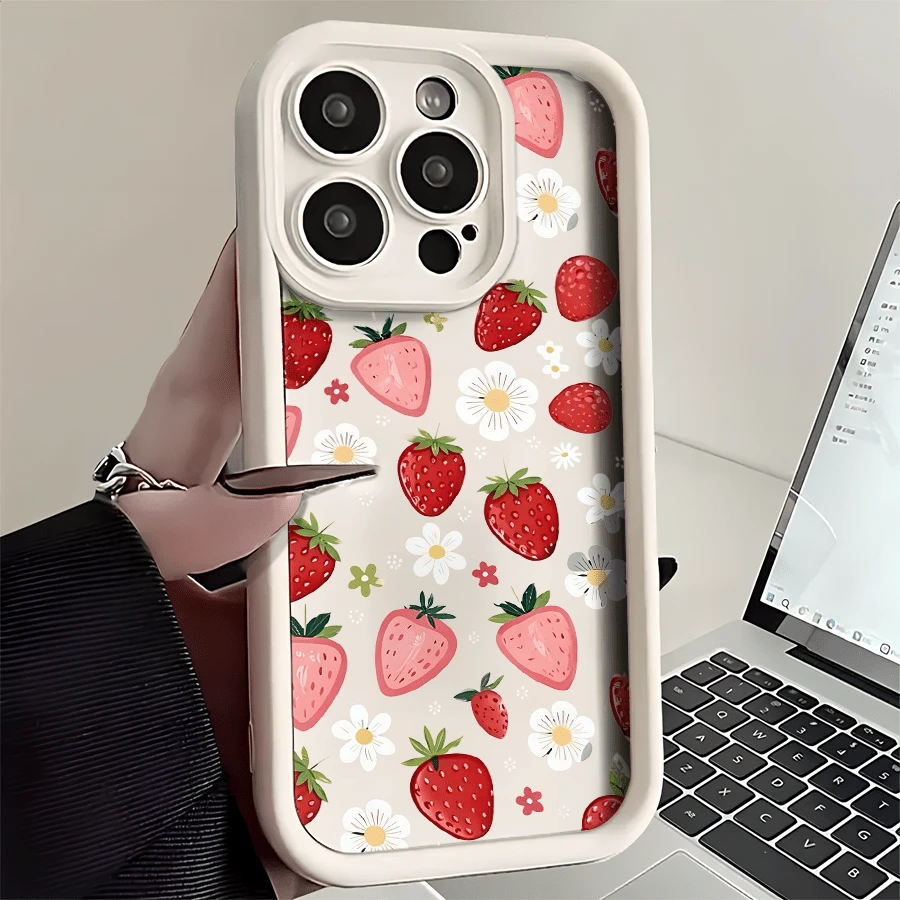 Esta refrescante funda para teléfono con estampado de fresas y flores es compatible con Apple 16E/15/14/13/12/11/PRO/PLUS/PROMAX/MINI, S/A/M/NOTE, S/G/EDGE/E, Transition Spark/HANTOM/CAMON/INFINIX, Honor 400/PLAY/X/Y, OPPO Reno/A/F, 14/Redmi/POCO/NOTE y otros modelos. Está hecha de TPU transparente, sencillo, elegante y duradero. Es una opción ideal para San Valentín, Halloween, Navidad, uso personal o como regalo. - Blanco - Ver 1