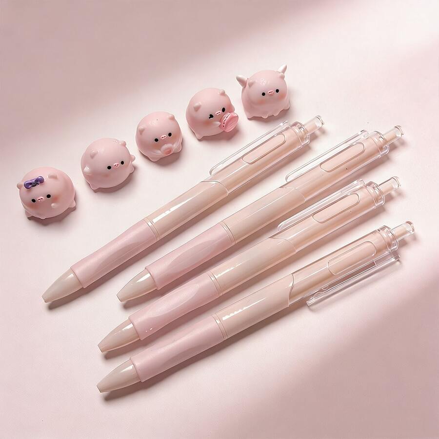 Bộ 4 bút bi màu hồng trung tính + 5 bút bi hình heo con dễ thương, bút bi áp lực nhanh khô dùng cho học sinh/văn phòng. - Bộ 4 món hình heo con dễ thương kèm phấn vẽ mini. - Xem 1