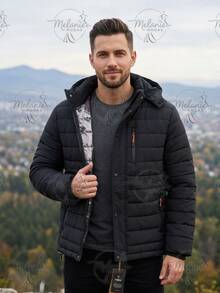 Men's Lined Thermal Jacket/Bobby Jacket, Nylon, With Removable Hood - Black - View 1
