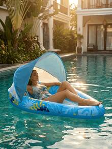 Inflatable Floating Lounger, Swimming Pool Floating Chair, Leaf Print Floating Bed, Vacation Floating Device, Thickened PVC Floating Chair, Mesh Breathable Floating Lounger. Made Of Thickened PVC Material, Wear-Resistant And Leak-Proof, And Durable. Fresh And Eye-Catching, With Built-In Sunshade Design For Effective Sun Protection. Equipped With Mesh Backrest And Seat Area, Breathable And Non-Slip For Comfortable Lying. - With Canopy - View 2
