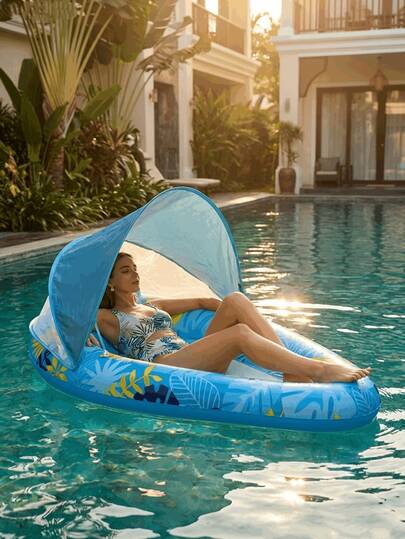 充气漂浮躺椅，泳池漂浮椅，树叶印花漂浮床，度假漂浮设备，加厚PVC漂浮椅，网状透气漂浮躺椅。采用加厚PVC材质，耐磨防漏，经久耐用。清新亮丽，内置遮阳篷设计，有效防晒。配备网状靠背和座椅区域，透气防滑，躺卧舒适。