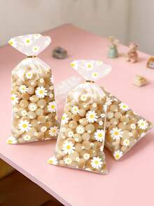 50pcs Transparent Gift Bags With Yellow & White Daisy Flower Pattern, Plastic Bags With Gold Ribbon, Minimalist Daisy Design, Suitable For Birthday Party Decoration, Baby Shower Supplies, Gender Reveal Party, Party Favors, Gift Packaging - Daisy-patterned Flat Pocket - View 3