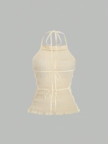 女士露背吊带蕾丝花边层叠吊带背心，后背系带，夏季波西米亚风度假上衣 - 淡黃色 - 查看 2