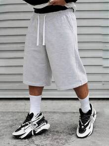 Men's Casual 3/4 Length Shorts, Suitable For Spring, Autumn And Summer, Sporty Style, Knitted Fabric Suitable For Campus, Skateboarding, Outfit - Light Grey - View 1