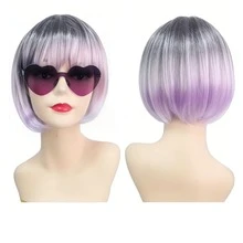 Cyberpunk Bob Wig & Glasses Set - 20+ Neon Colors With Adjustable Fringe | Multi-Tone Synthetic Hair For Cosplay, Rave, Halloween & Daily Bold Fashion (Hot Red/Lime Green/Orange/Light Pink/Plum Purple/Neon Blue/Neon Lilac/Golden Blonde/Black) - 淺灰紫 - 查看 3