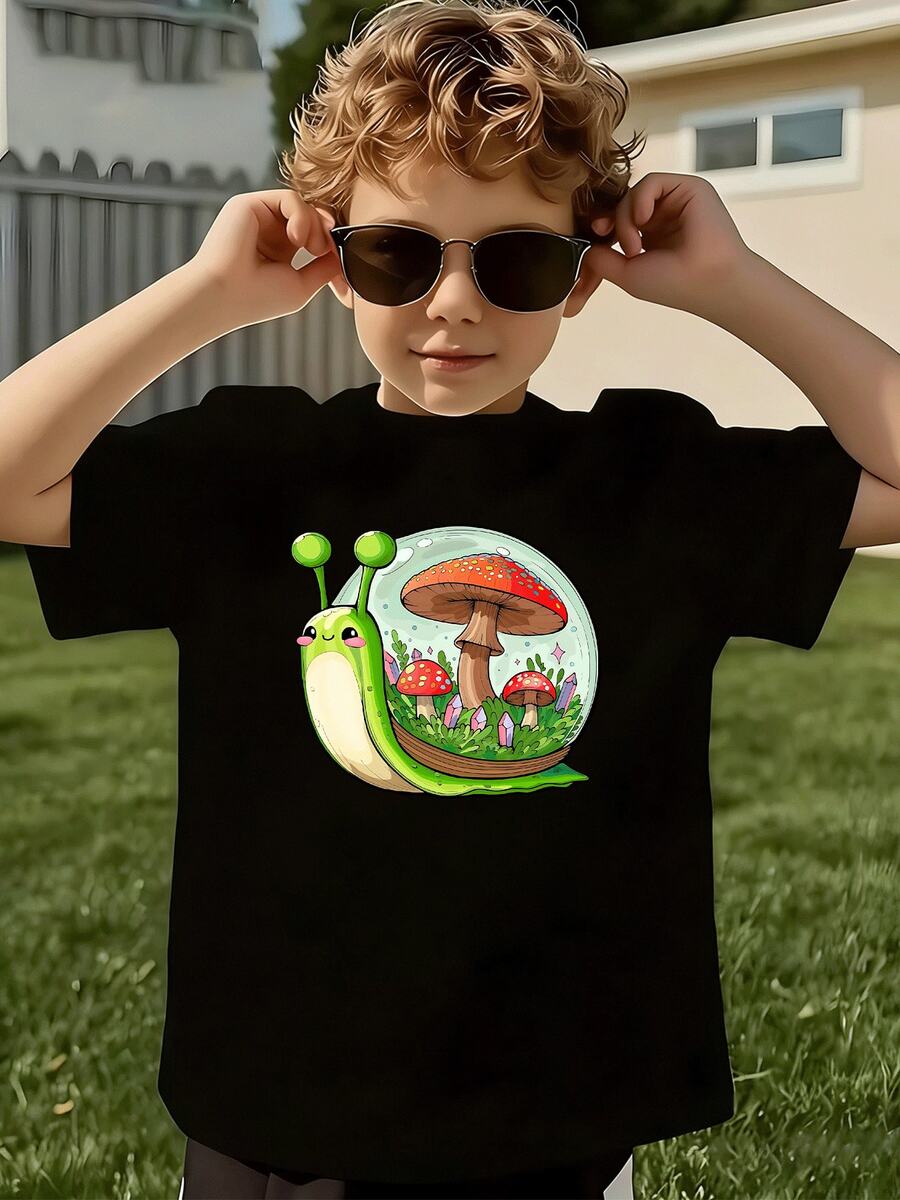 Cute Snail And Mushroom Graphic Boys Cotton Printed TShirt Soft Breathable Summer Tee For Outdoor Play, School, Or Casual Wear Fun Gift For Energetic Young Boys - màu đen - Xem 1