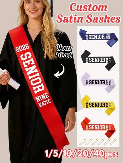 1/5/10/20/40pcs Custom Class Of 2026 Senior Satin Sashes, Personalized Text High-Quality Smooth Satin Graduation Sashes, Perfect For 2026 Graduation Season, Commencement Day, Graduation Party, Back To School Season, Graduation Gift Giving, Graduation Reunion, Wedding, Bridal Shower, Bachelorette Party, Birthday, Senior Night, School Events, Ideal For Graduation Photo Props, Party Decor, Group Events, Bridal Party Sashes, Pageant Wear & Commemorative Keepsakes,