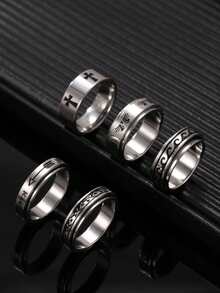 5件套不锈钢男士银戒指套装，包含猫咪、十字架、波浪形可旋转元素，适合男士日常佩戴、节日、约会、订婚、婚礼、送礼、缓解焦虑。 - 銀色 - 查看 8