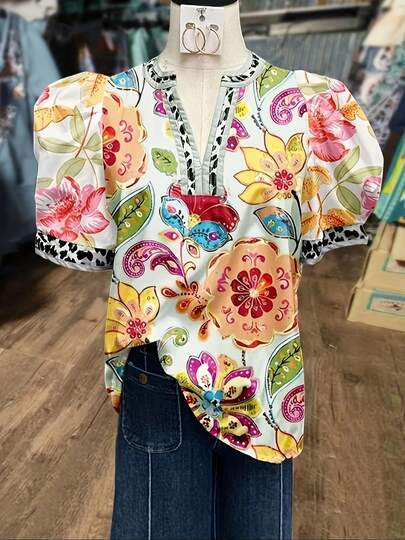 1 Pcs Women's Boho Multi Colorful Floral Pattern Print Shirt Top, Puff Sleeves, V-Neck, Leopard Print On The Neckline And Cuffs, Bubble Sleeve, Causal Vintage Daily And Exquisite Boho Green Tops For Women