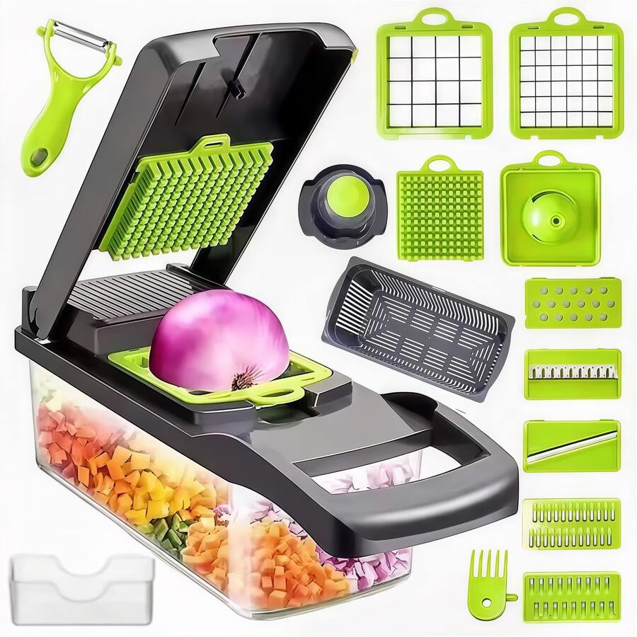 Juego de máquina de cortar verduras multifuncional de 16 en 1, equipada con herramientas multifuncionales para cortar, rebanar, picar y prensar. Equipada con una caja transparente para verduras, una cesta de drenaje y una protección para la mano, es ahorradora de trabajo y fácil de limpiar.
