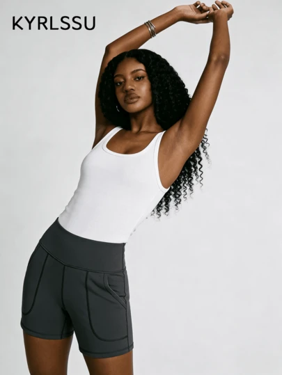 ZULIZ KYRLSSU 女士炭灰色高腰侧袋修身短裤，运动休闲两用运动裤