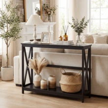 OLIXIS 40" Modern 2-Tier Console Table With Metal X-Frame, Wood Entryway Table (200 Lbs Capacity) - Black - View 2