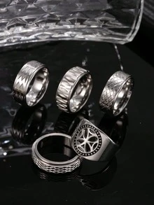 Set de 5 anillos de acero inoxidable de moda para hombres en color plata, que incluye elementos de cruz, mate y piel de serpiente, adecuados para el uso diario y como accesorios para vacaciones - Plateado - Ver 3