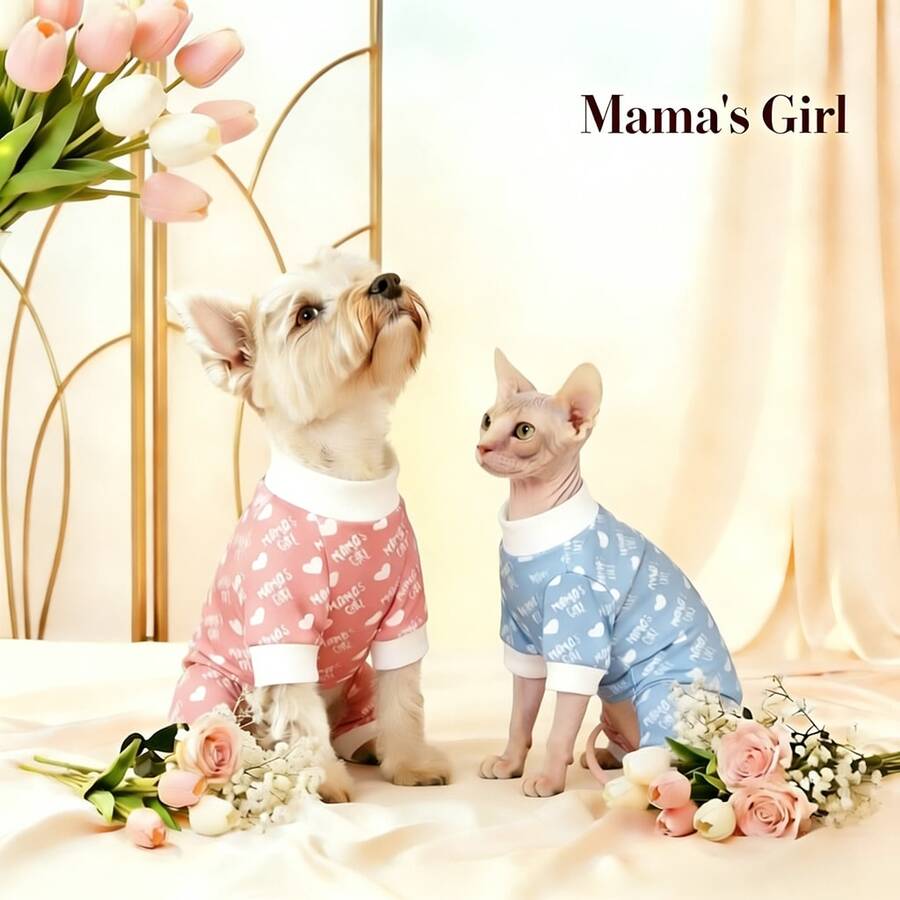 Bộ áo liền quần cho chó cưng, họa tiết trái tim "MAMA'S GIRL", quà tặng Ngày của Mẹ, phù hợp cho chó nhỏ/trung bình và mèo, quà tặng Ngày của Mẹ. - Hồng - Xem 1