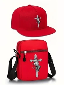 1 pièce/2 pièces Ensemble de casquette de baseball et sac bandoulière avec imprimé geste de la main hip-hop et croix. Style de rue mode sport extérieur. Casquette à bord plat réglable et sac à épaule. Cadeau pour amis et anniversaire - Multicolore - Voir 12