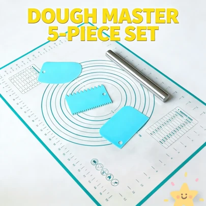 Complete Dough Master Set, 1 Rolling Pin + 1 Baking Mat + 3 Dough Scrapers, Multi-Functional Non-Stick Kitchen Baking Accessories Set