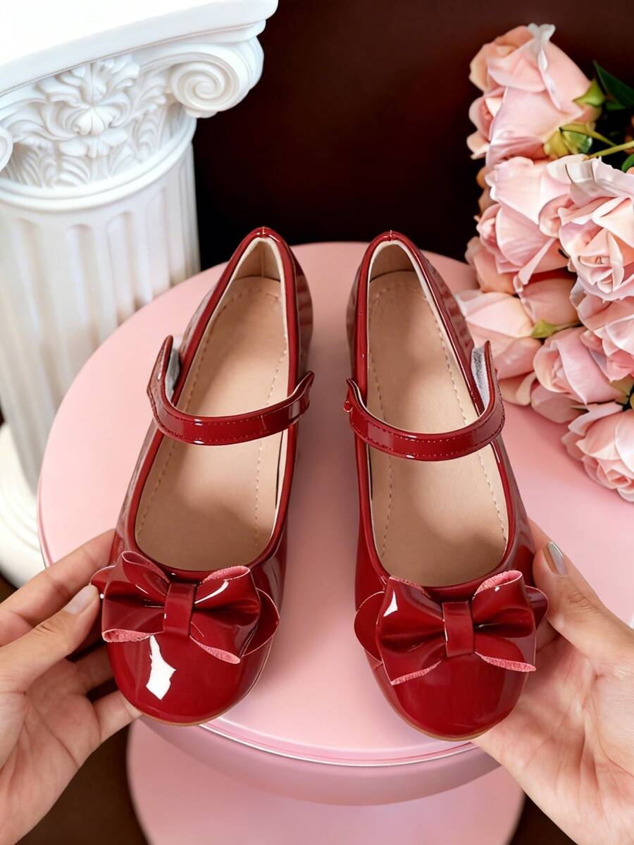 Girls' Bowknot Mary Jane Flat Shoes, Red, Suitable For Parties And Weddings - Red - View 1