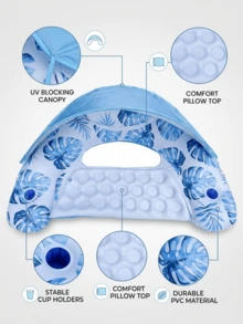 Inflatable Floating Lounger With Canopy, Leaf Print Floating Chair With Cup Holder, Foldable Thick PVC Pool Float, Durable And Waterproof, Ergonomic Design For Comfortable Lounging, Suitable For Pool, Beach And Vacation - Floating Rafts - View 5