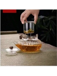 Ấm trà thủy tinh hình quả bí ngô kẻ sọc, làm bằng thủy tinh borosilicate, có tay cầm bằng gỗ óc chó và khung xách. Bộ lọc trà thủy tinh dung tích lớn. - Nhiều màu - Xem 7